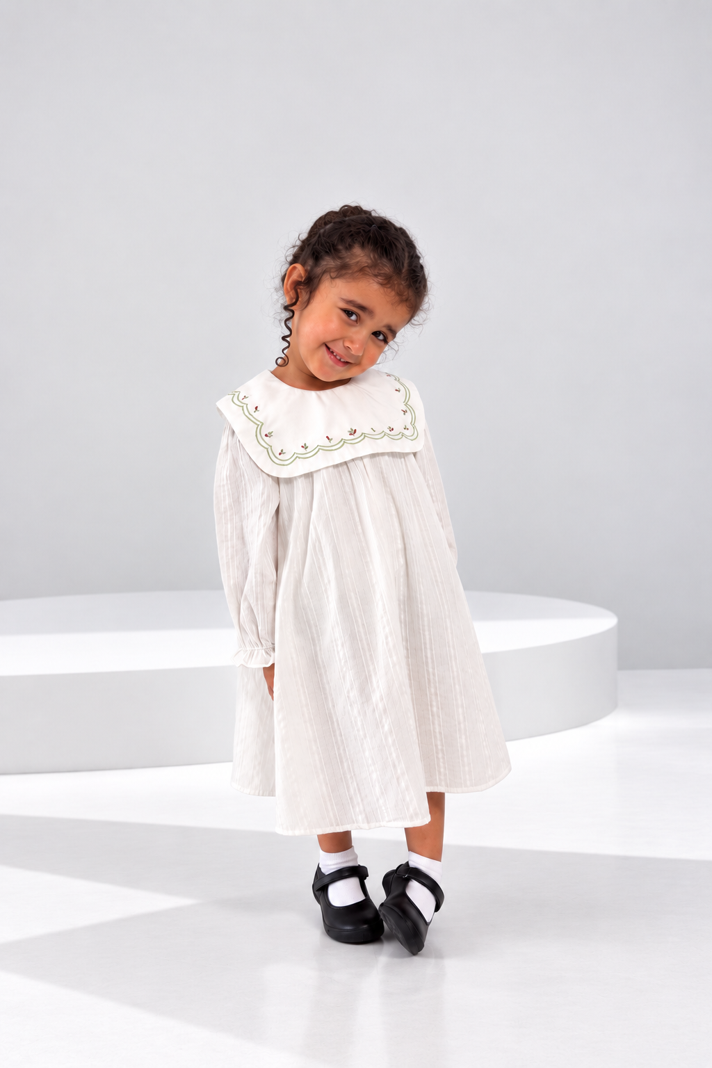 Ivory striped cotton girls dress with embroidered collar (4)