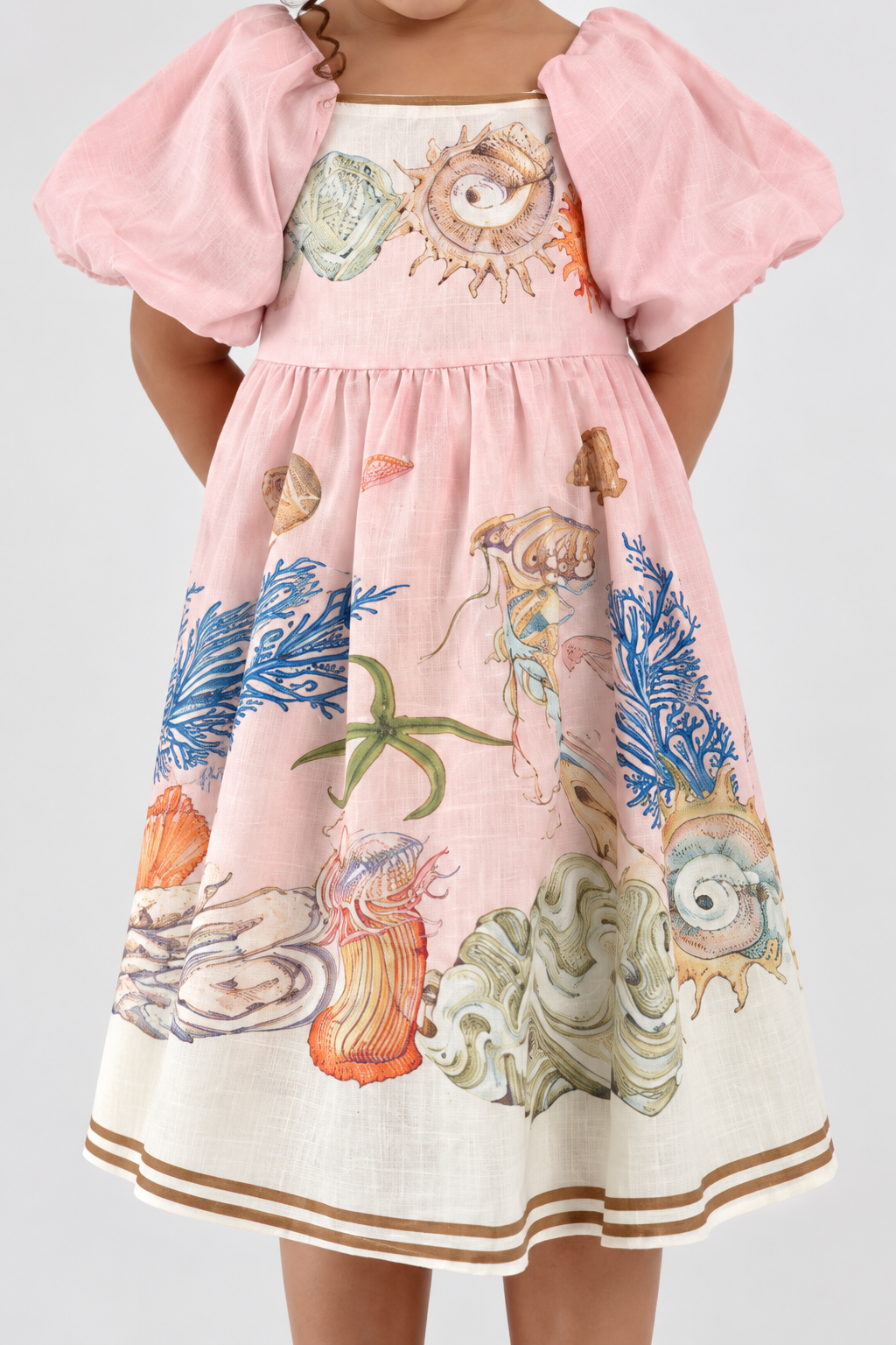 Pink seashell print puff sleeve girls dress (2)