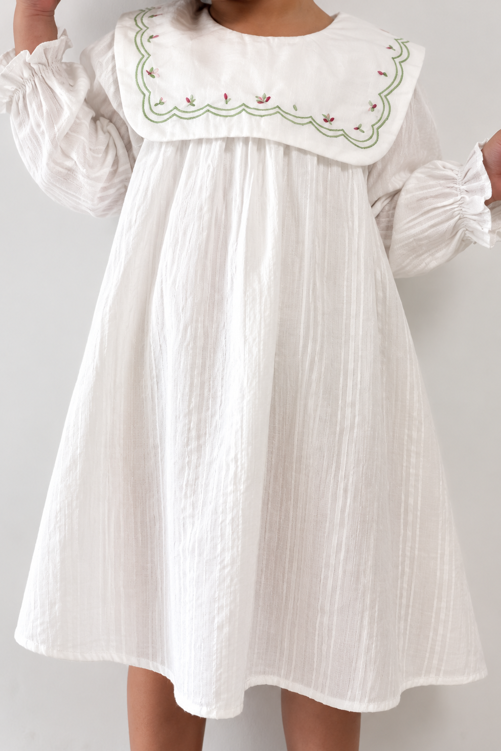 Ivory striped cotton girls dress with embroidered collar (3)