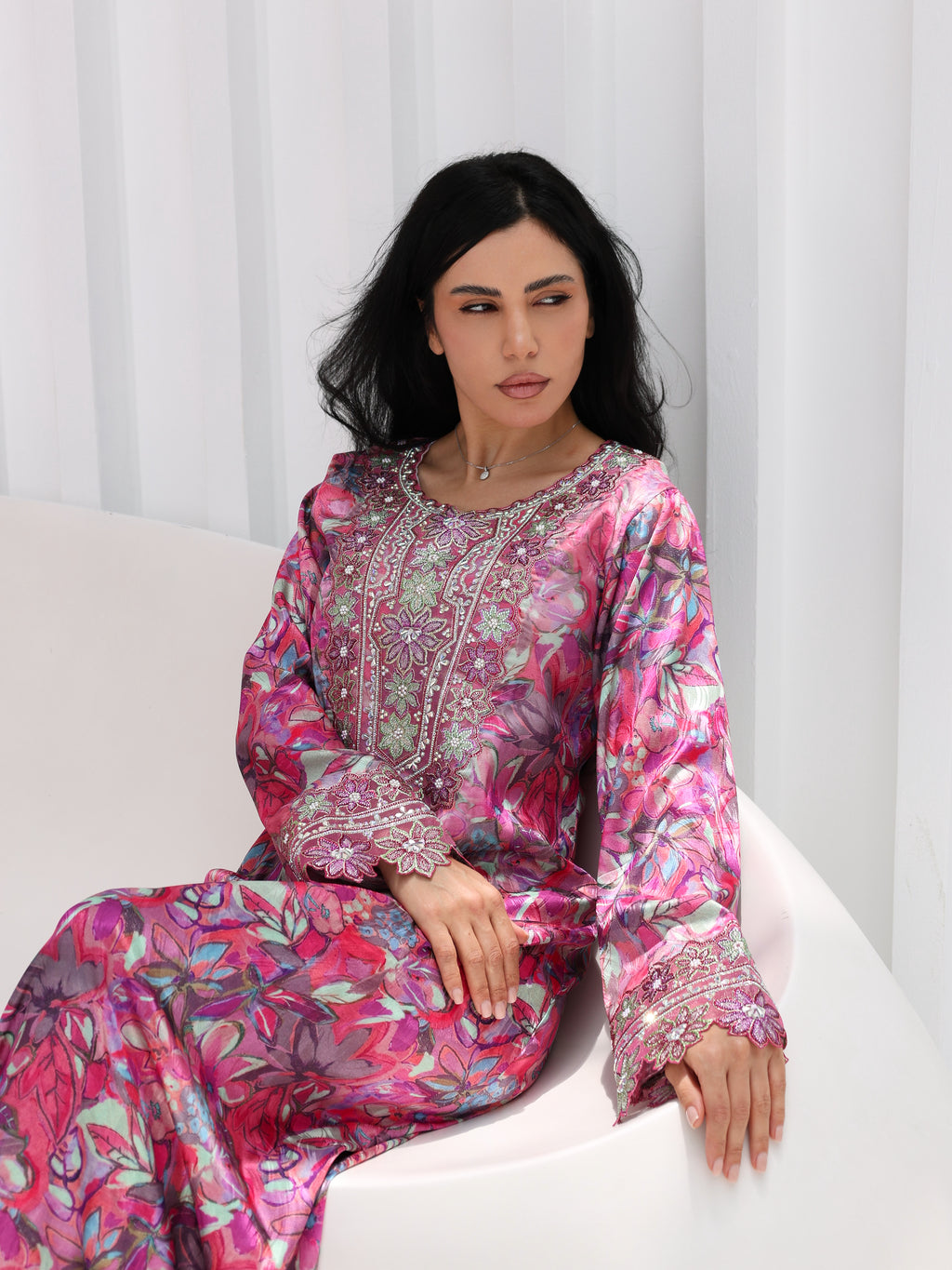 Magenta Bloom Mukhawar — embroidered jacquard silk Emirati dress (8)