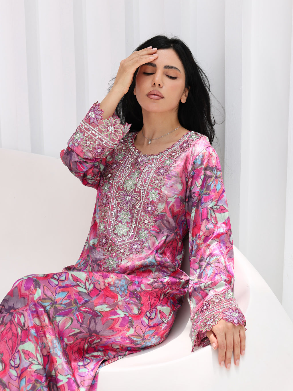 Magenta Bloom Mukhawar — embroidered jacquard silk Emirati dress (9)