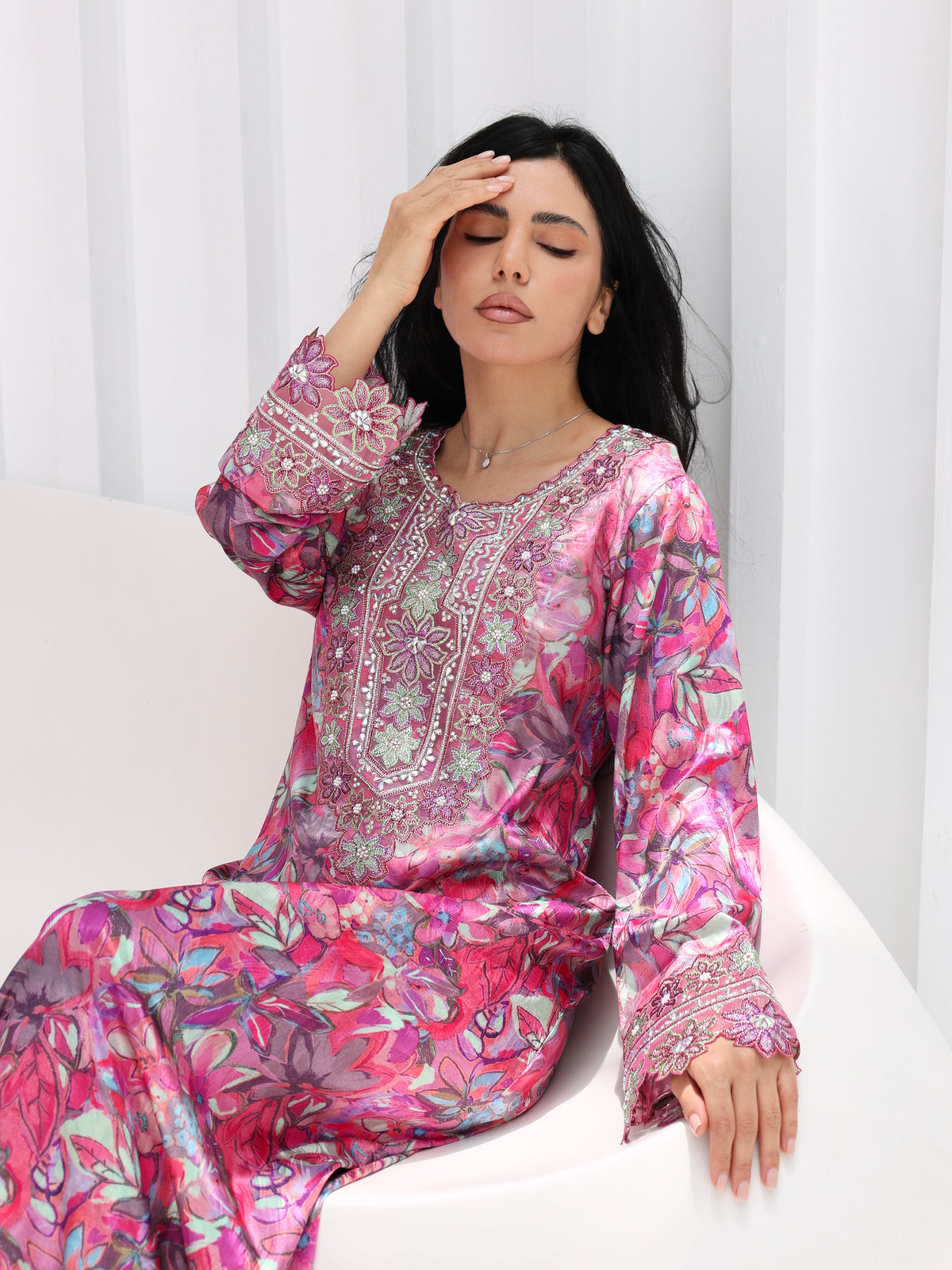 Magenta Bloom Mukhawar — embroidered jacquard silk Emirati dress (9)