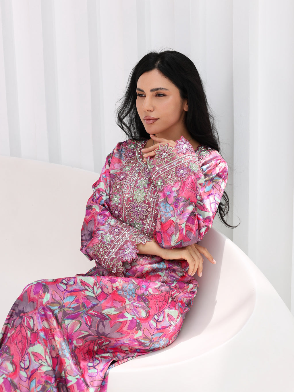 Magenta Bloom Mukhawar — embroidered jacquard silk Emirati dress (10)