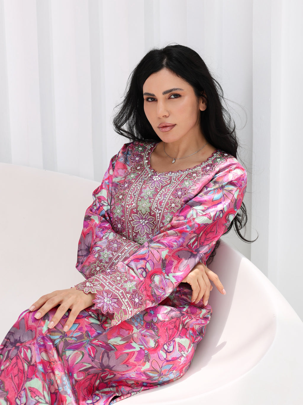 Magenta Bloom Mukhawar — embroidered jacquard silk Emirati dress (11)