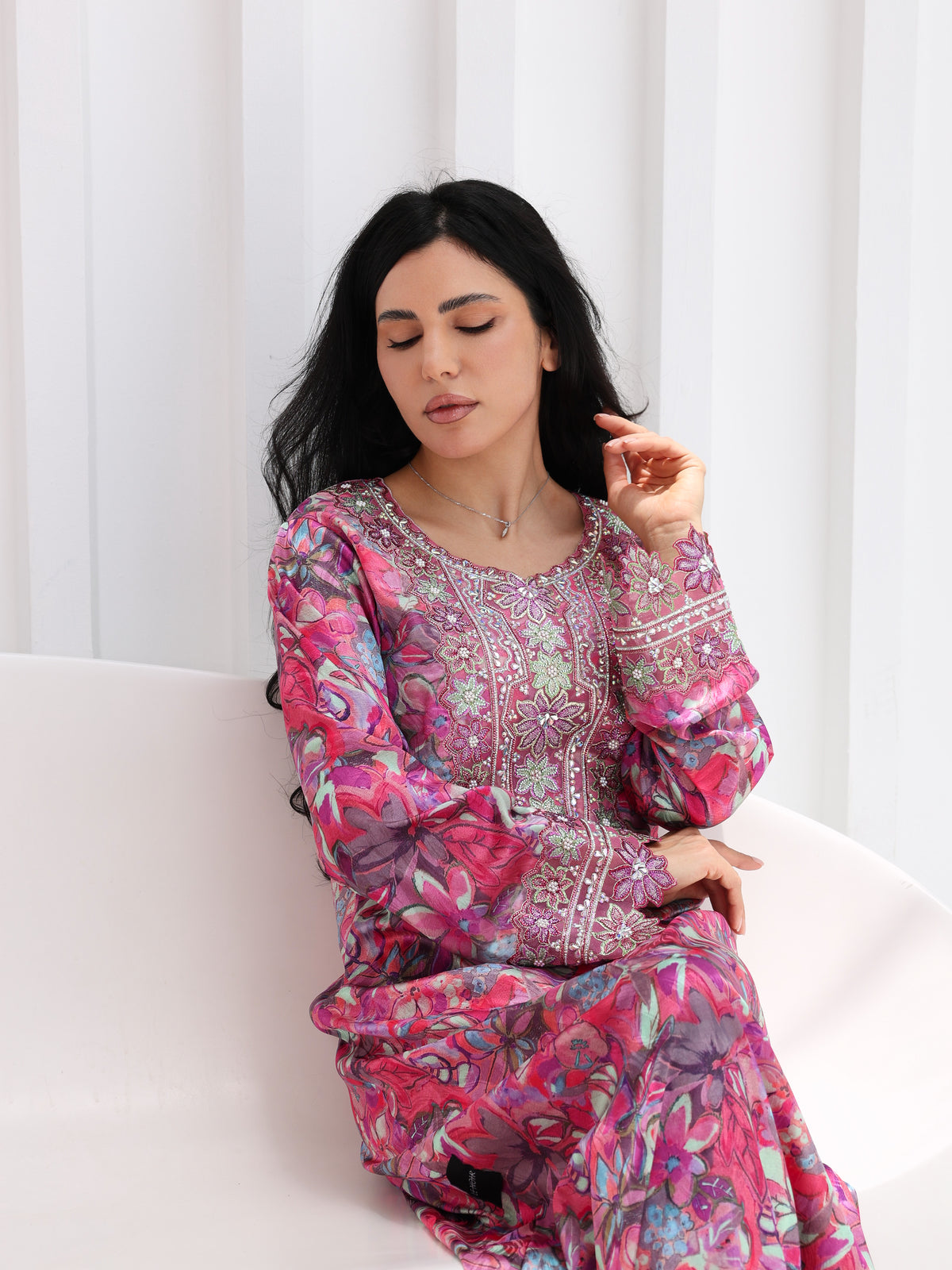 Magenta Bloom Mukhawar — embroidered jacquard silk Emirati dress (12)