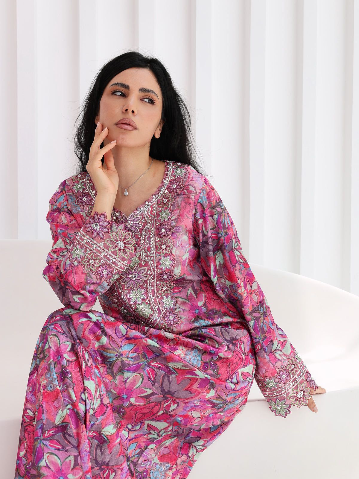 Magenta Bloom Mukhawar — embroidered jacquard silk Emirati dress (13)