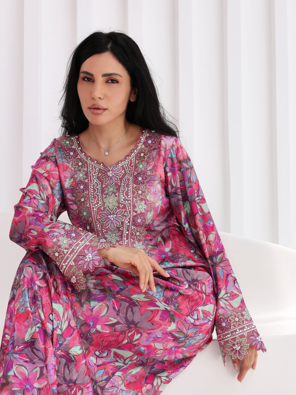 Magenta Bloom Mukhawar — embroidered jacquard silk Emirati dress (14)