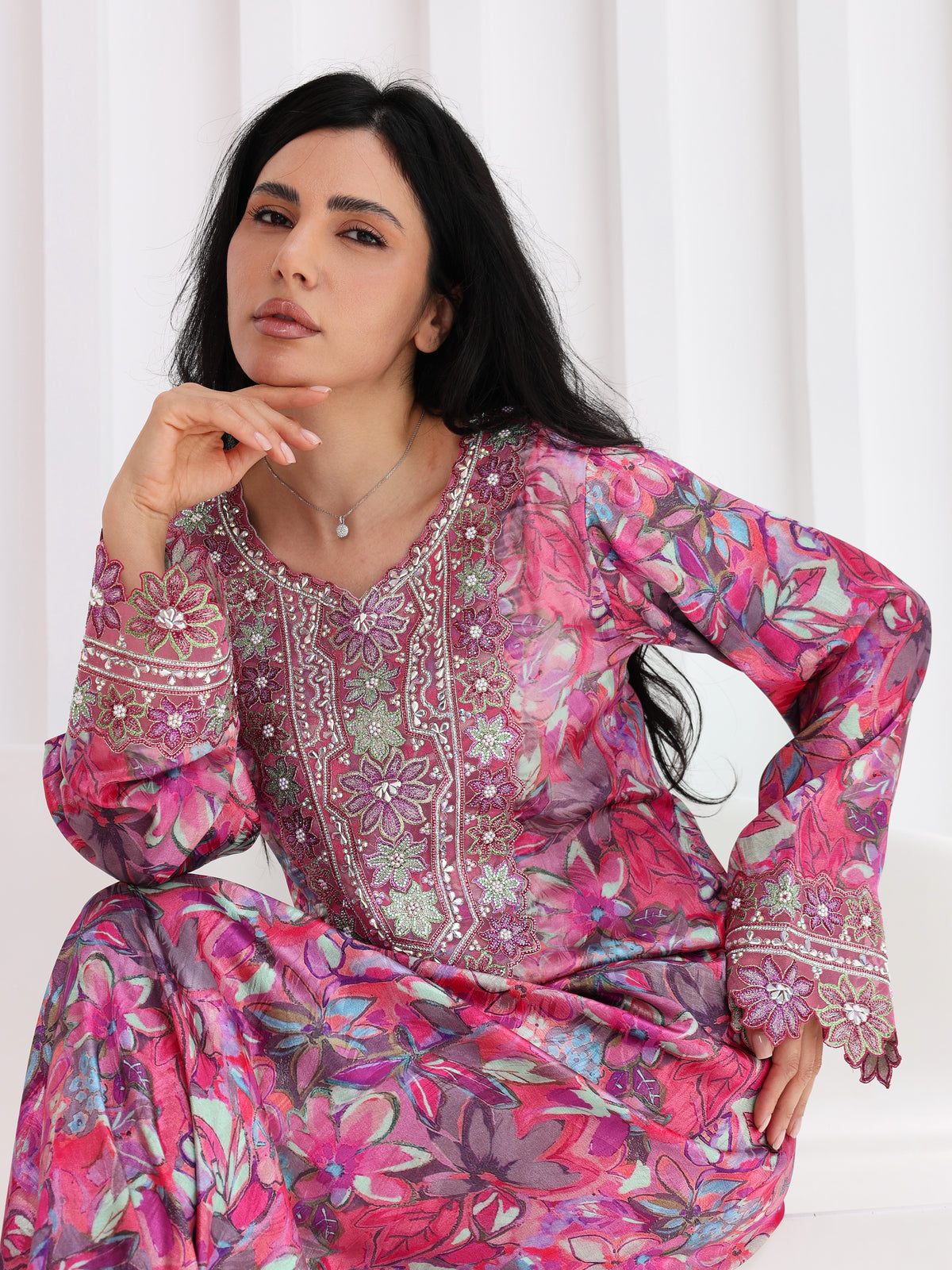 Magenta Bloom Mukhawar — embroidered jacquard silk Emirati dress (15)