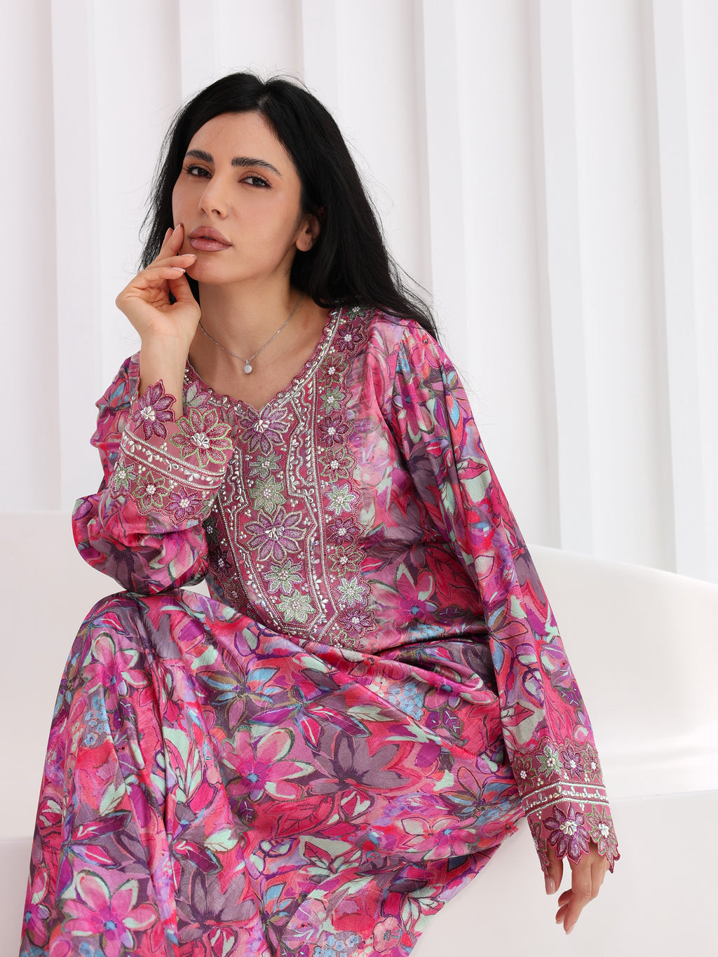 Magenta Bloom Mukhawar — embroidered jacquard silk Emirati dress (16)