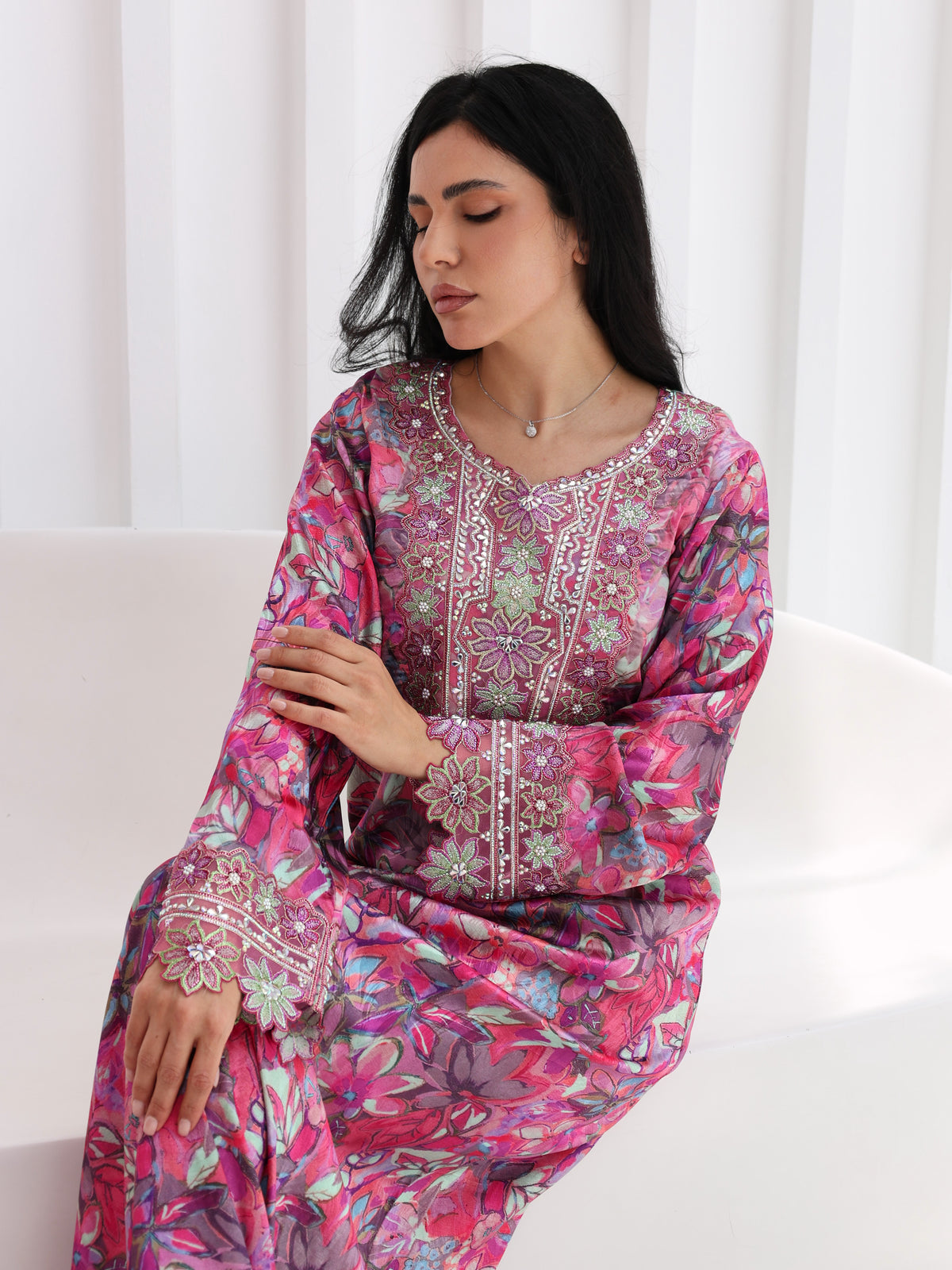 Magenta Bloom Mukhawar — embroidered jacquard silk Emirati dress (18)