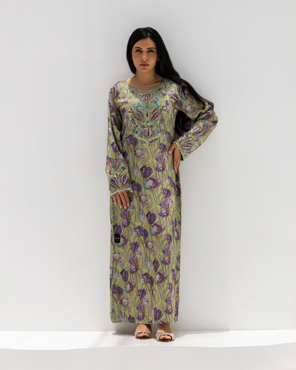 Sage Garden Mukhawar — traditional Emirati dress in jacquard silk with sage green floral embroidery