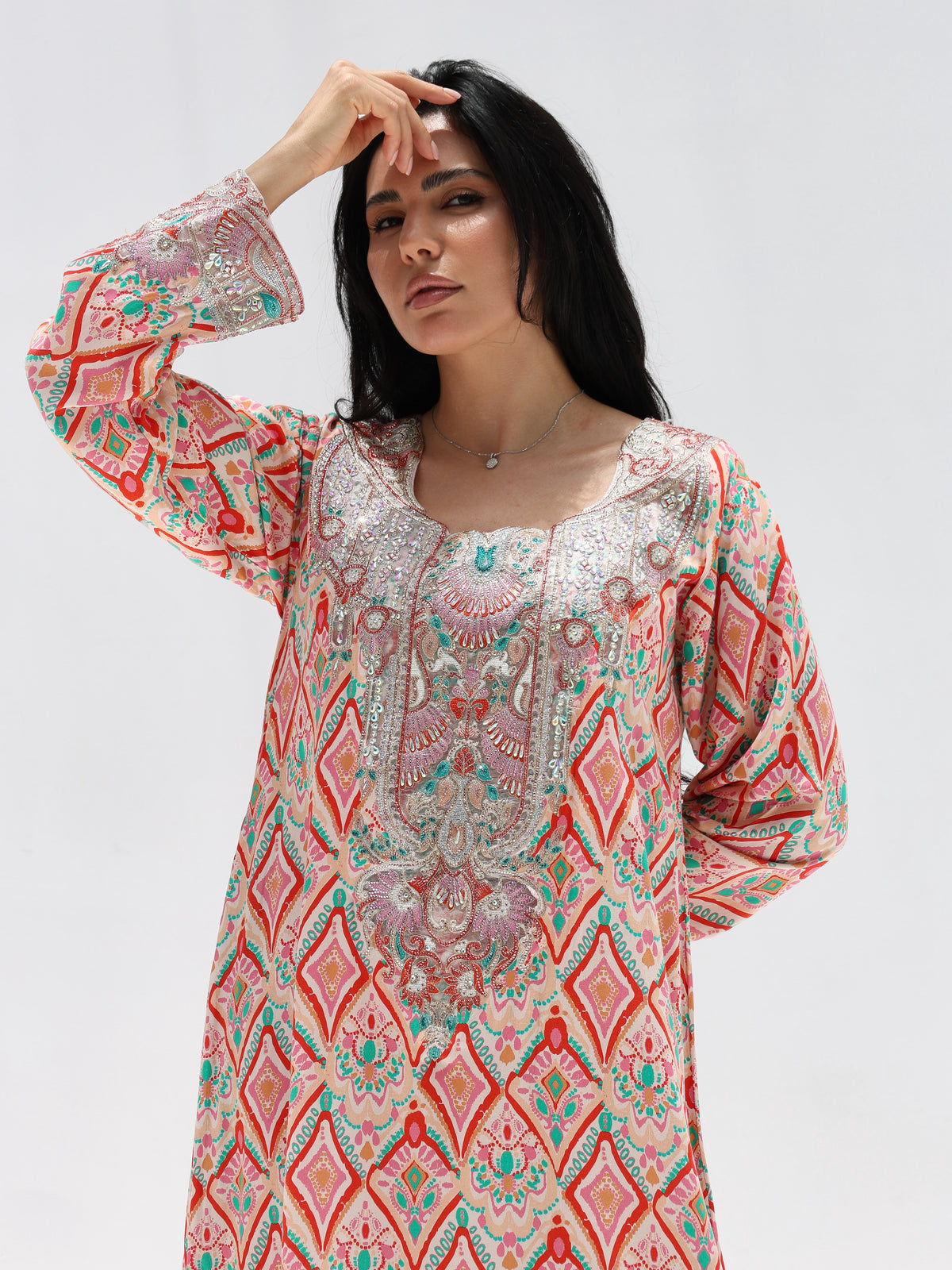 Coral Mosaic Mukhawar — embroidered cotton Emirati dress (24)