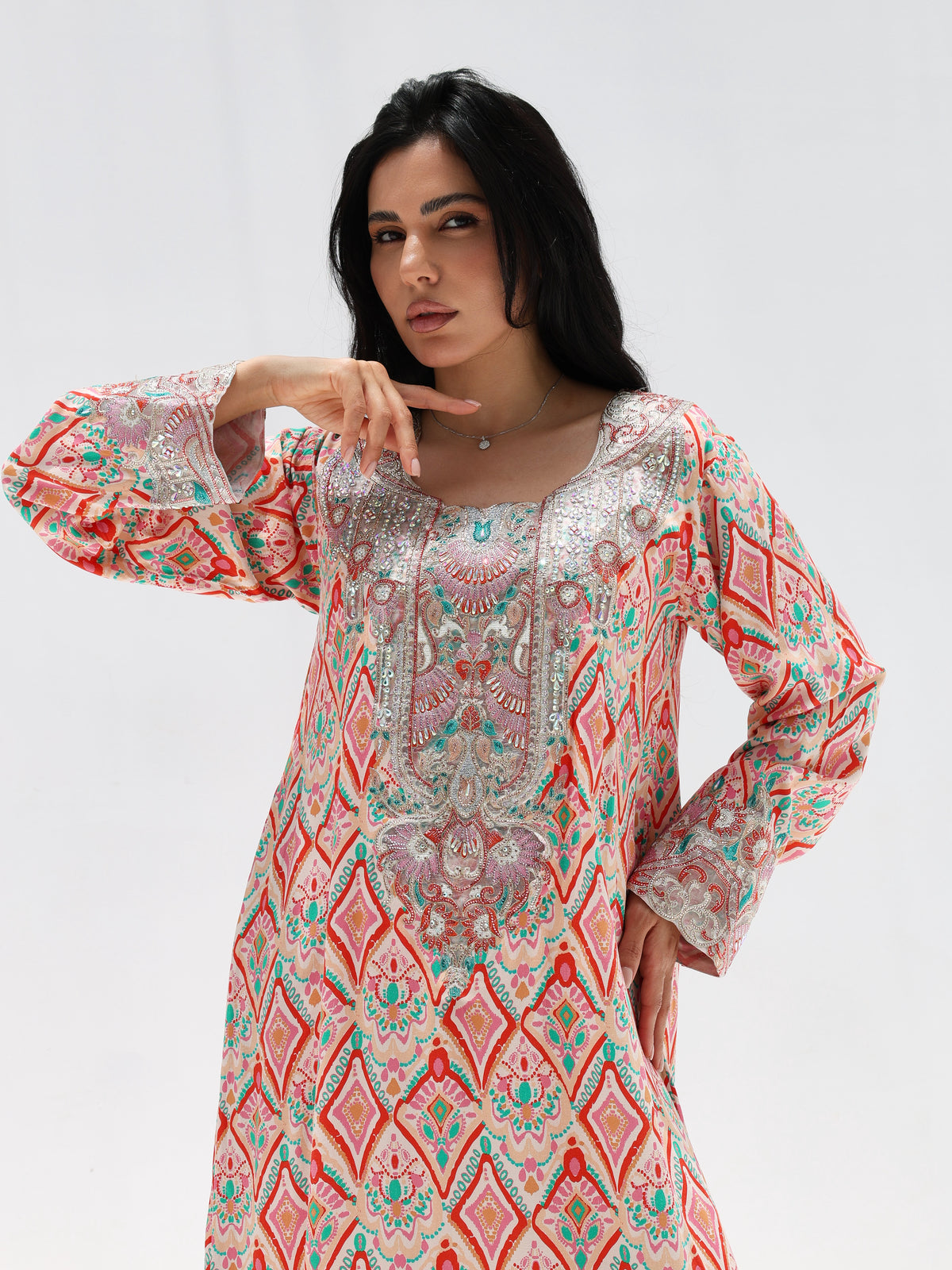 Coral Mosaic Mukhawar — embroidered cotton Emirati dress (26)