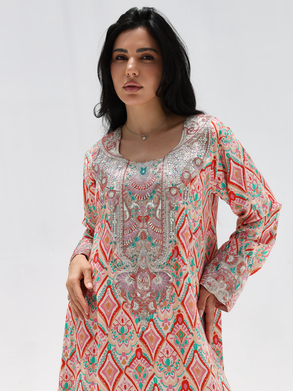 Coral Mosaic Mukhawar — embroidered cotton Emirati dress (27)