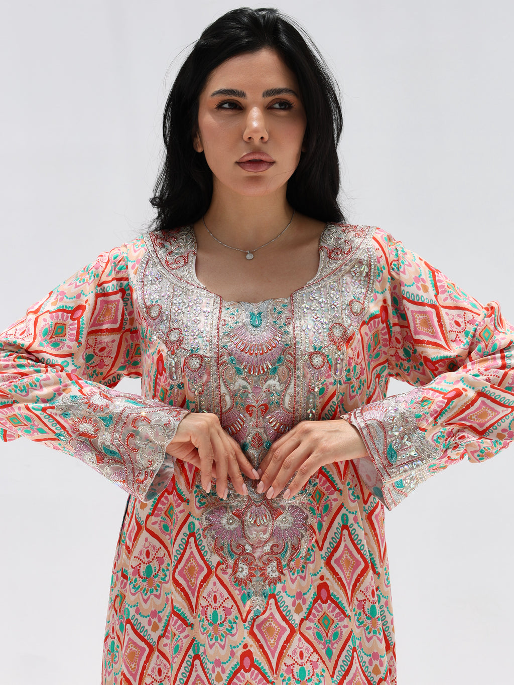 Coral Mosaic Mukhawar — embroidered cotton Emirati dress (35)
