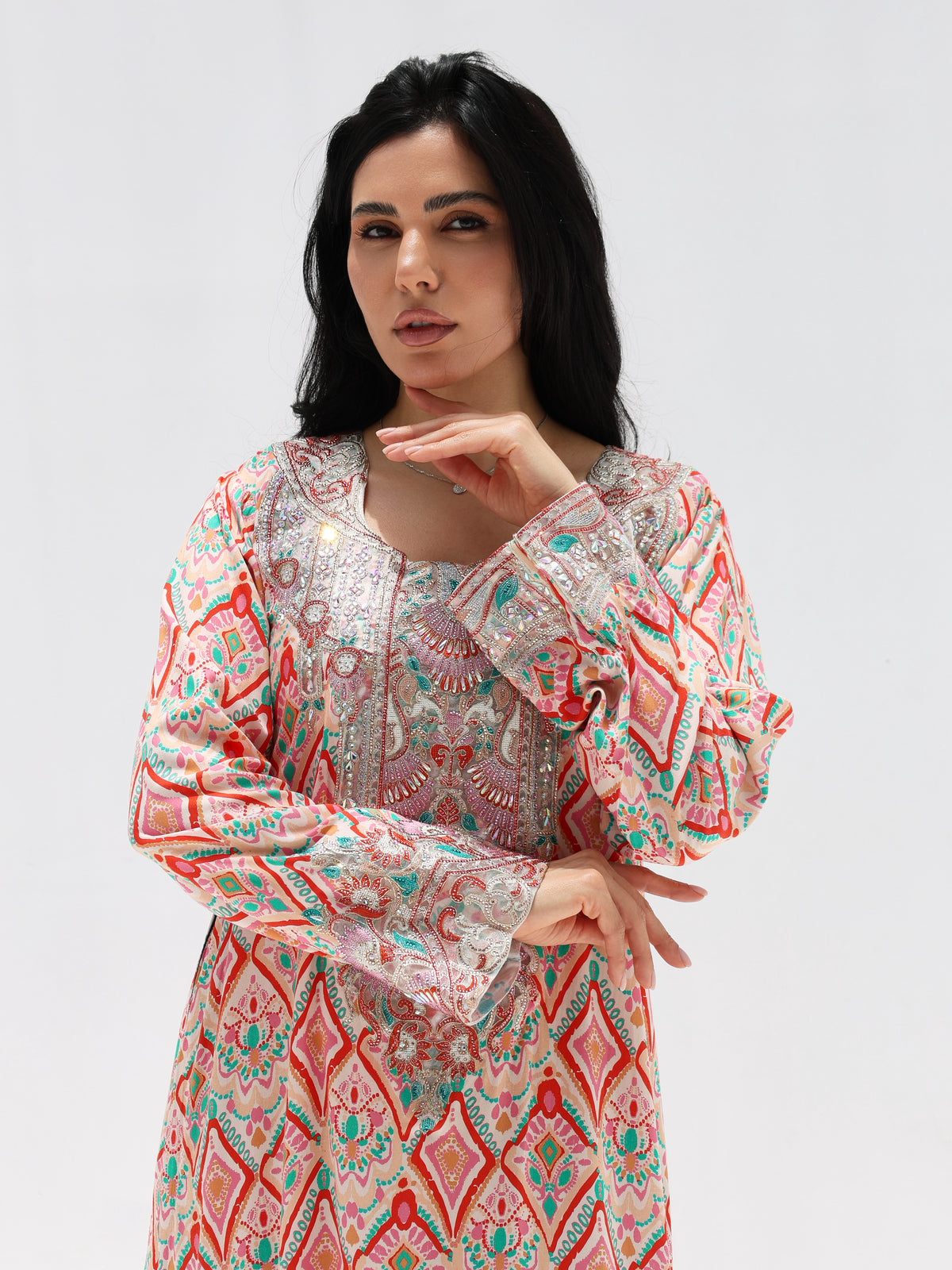 Coral Mosaic Mukhawar — embroidered cotton Emirati dress (36)