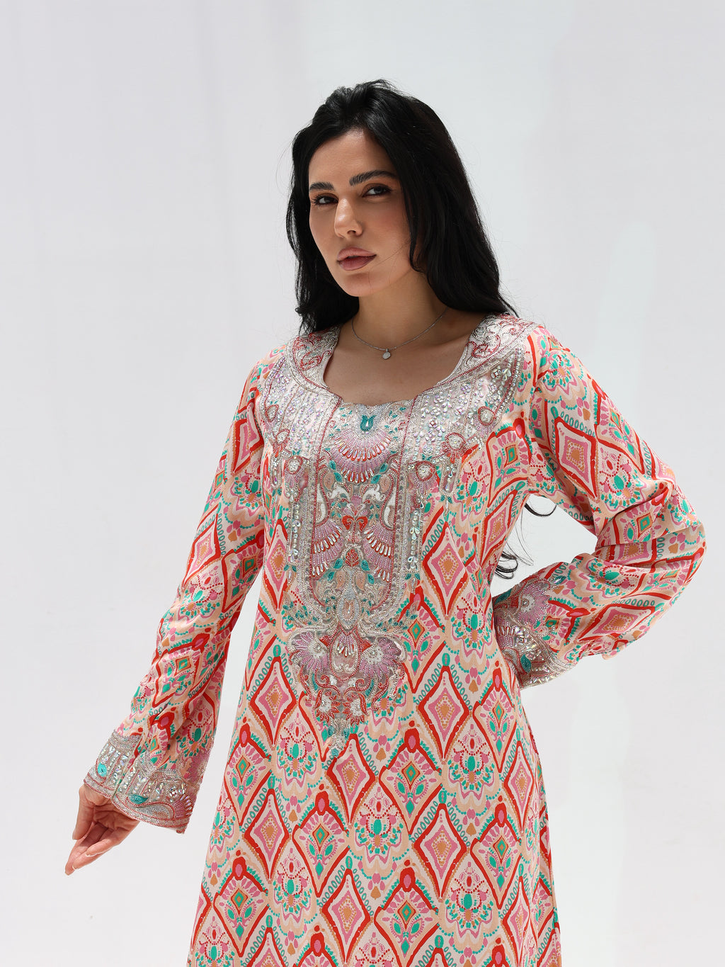 Coral Mosaic Mukhawar — embroidered cotton Emirati dress (38)