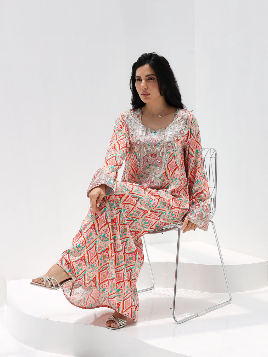 Coral Mosaic Mukhawar — embroidered cotton Emirati dress (40)