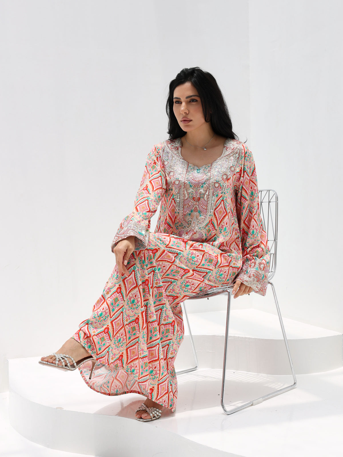 Coral Mosaic Mukhawar — embroidered cotton Emirati dress (40)