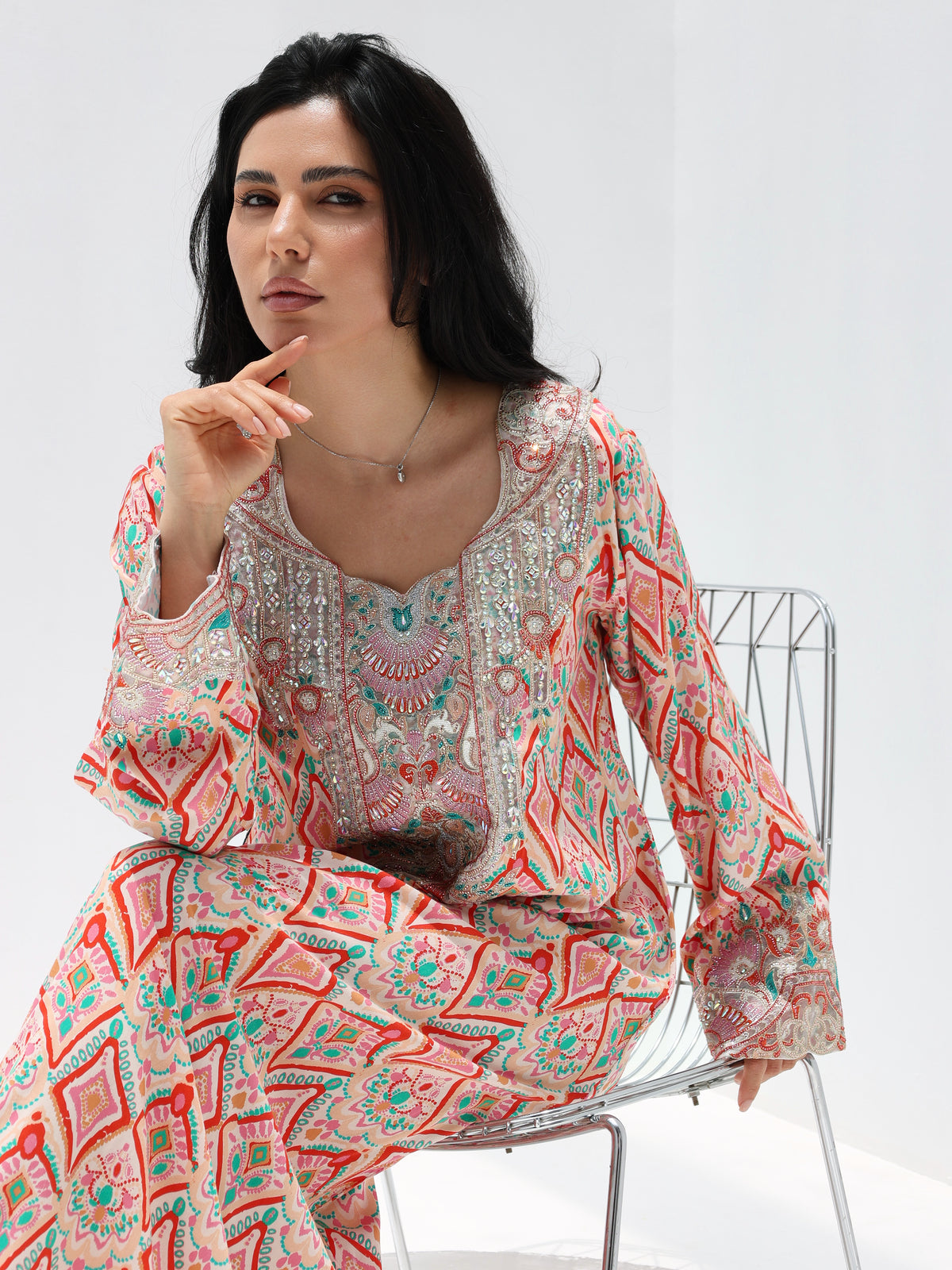 Coral Mosaic Mukhawar — embroidered cotton Emirati dress (2)