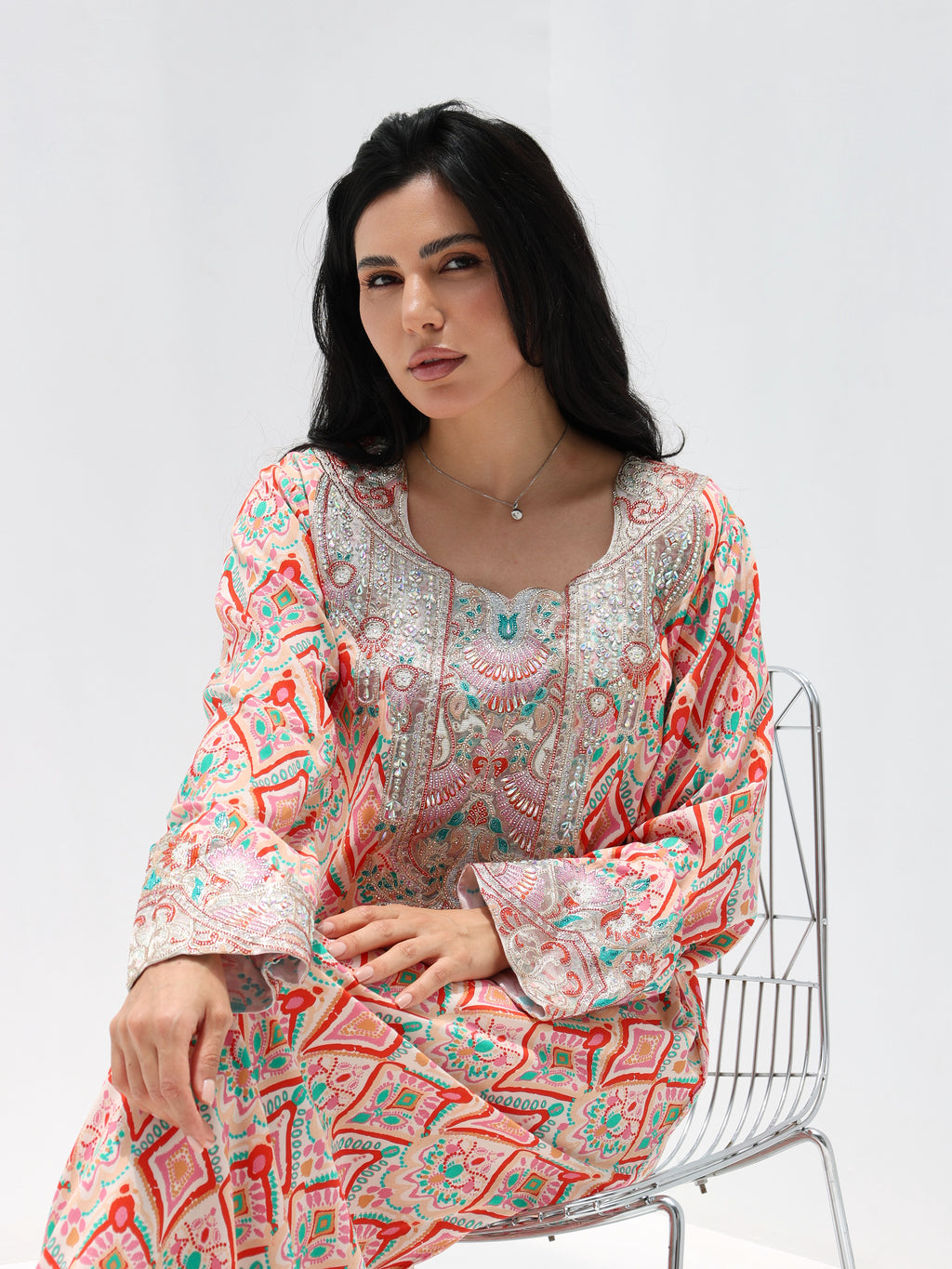 Coral Mosaic Mukhawar — embroidered cotton Emirati dress (46)