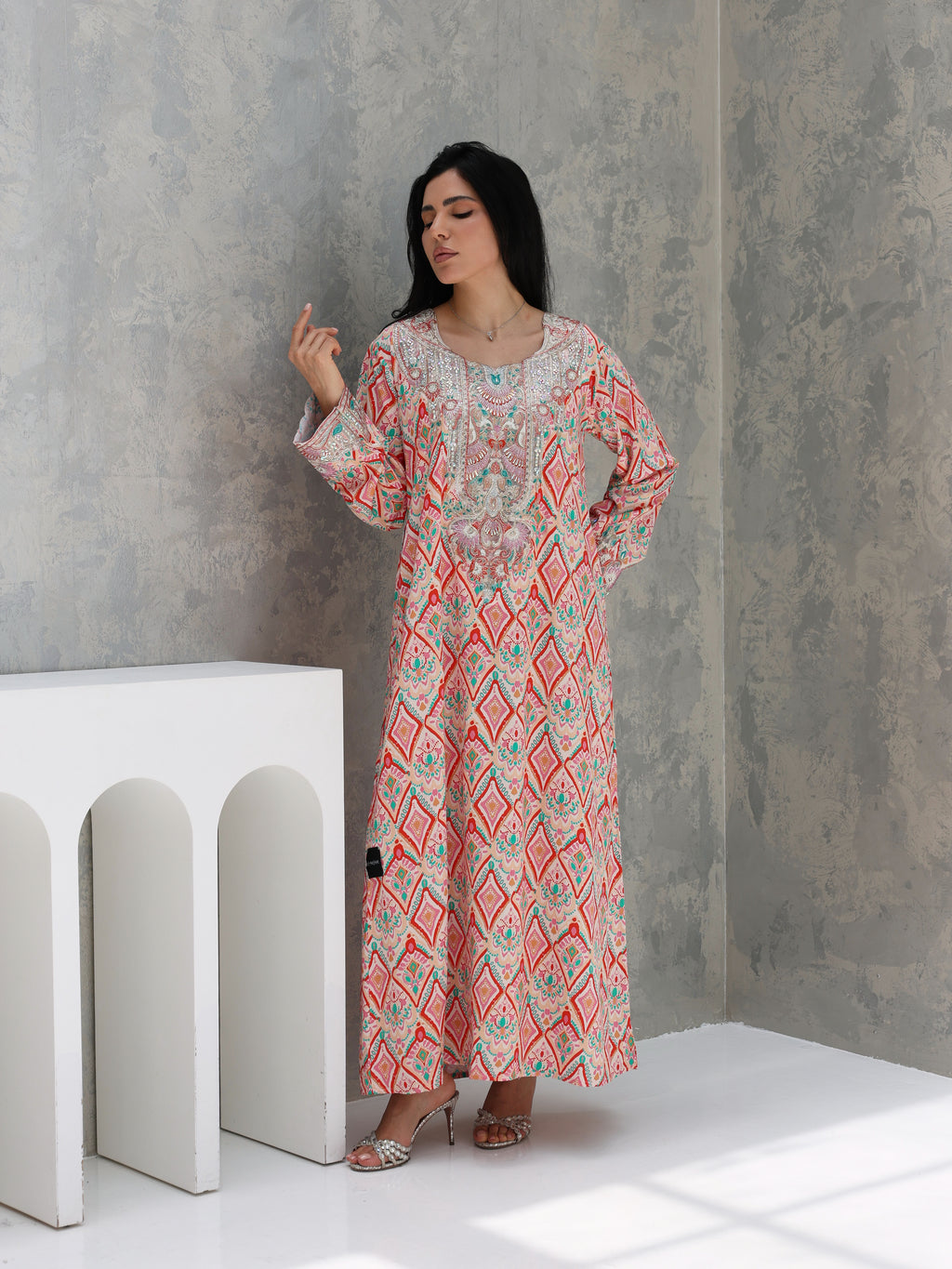 Coral Mosaic Mukhawar — embroidered cotton Emirati dress (47)