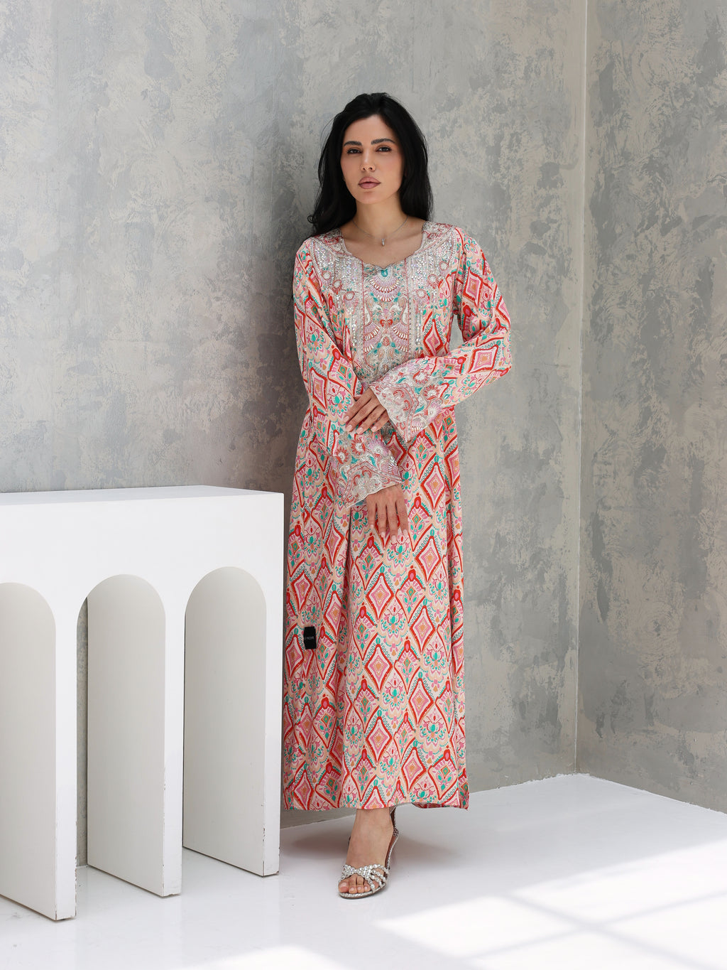 Coral Mosaic Mukhawar — embroidered cotton Emirati dress (50)