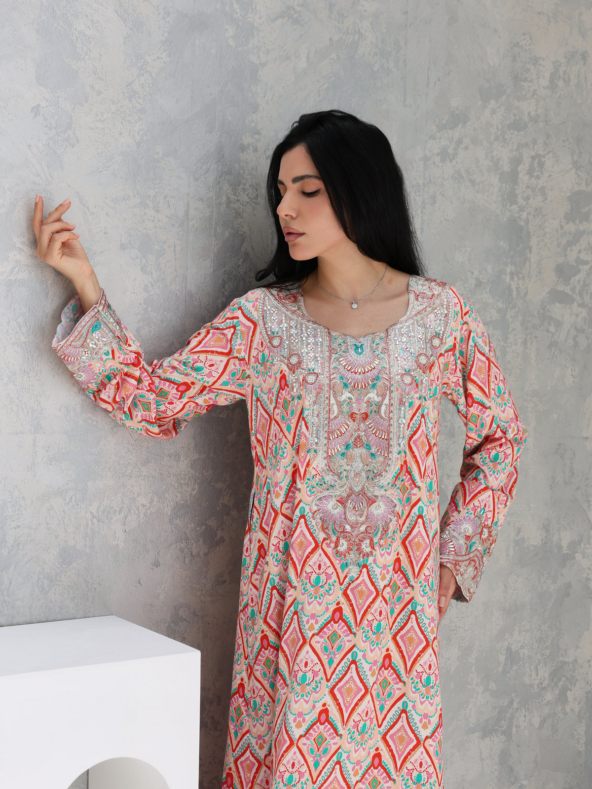 Coral Mosaic Mukhawar — embroidered cotton Emirati dress (55)