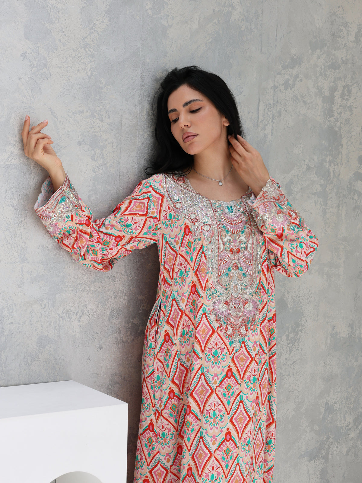 Coral Mosaic Mukhawar — embroidered cotton Emirati dress (56)