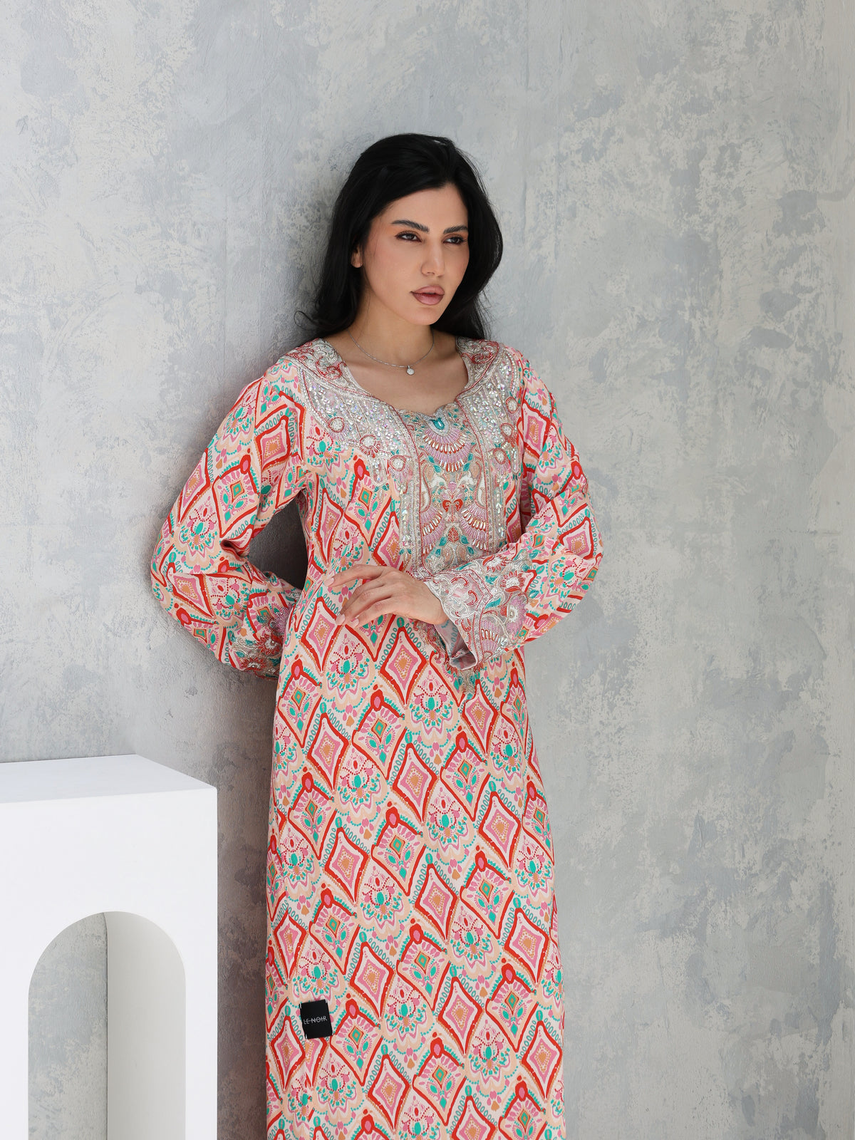 Coral Mosaic Mukhawar — embroidered cotton Emirati dress (59)