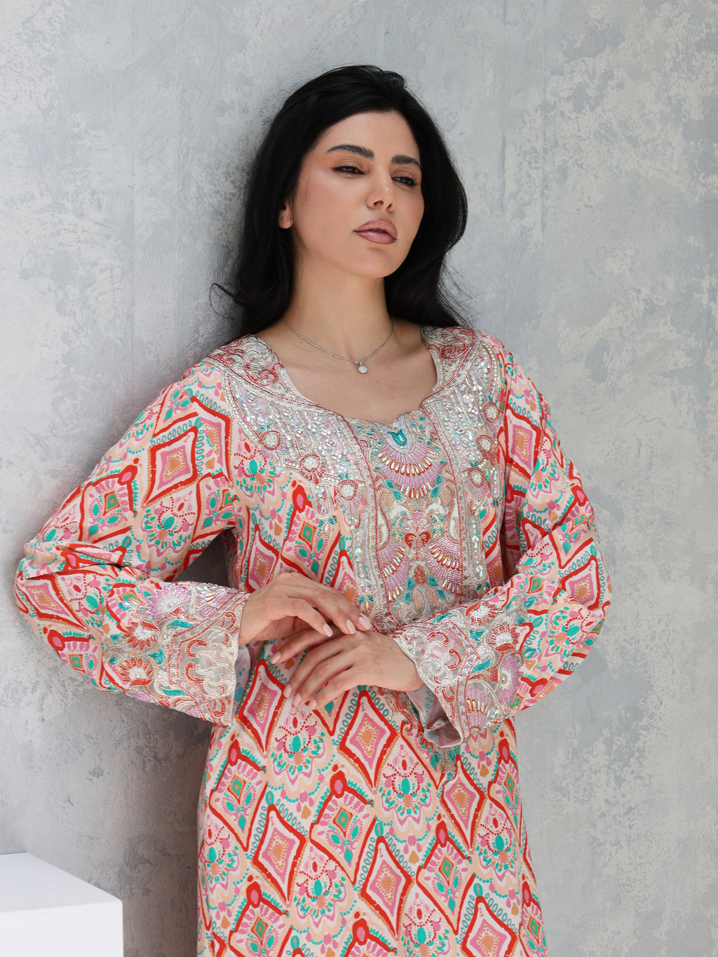 Coral Mosaic Mukhawar — embroidered cotton Emirati dress (5)