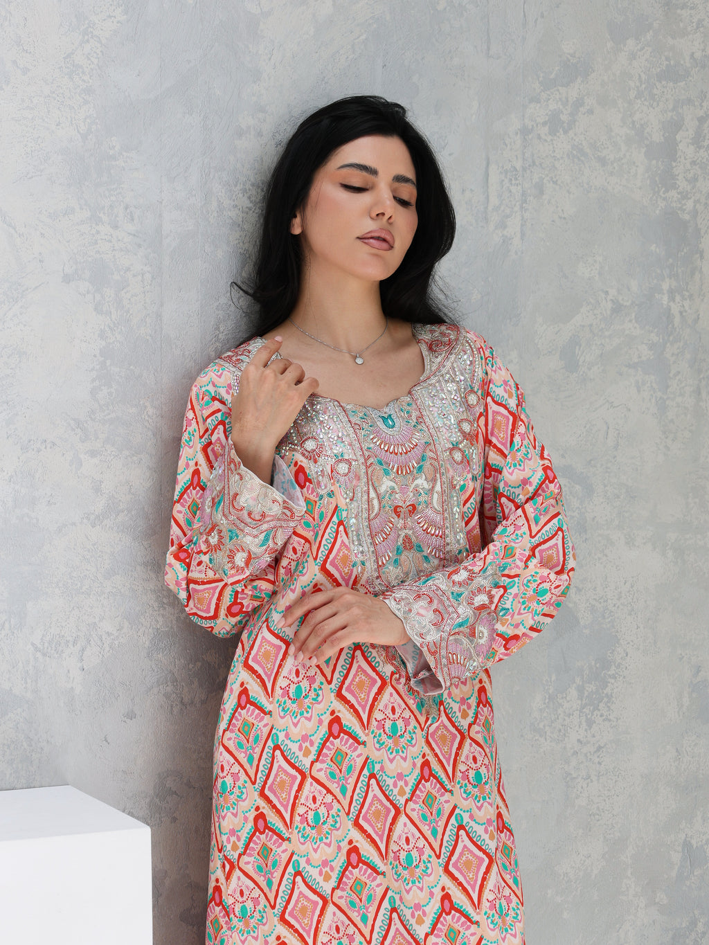 Coral Mosaic Mukhawar — embroidered cotton Emirati dress (60)