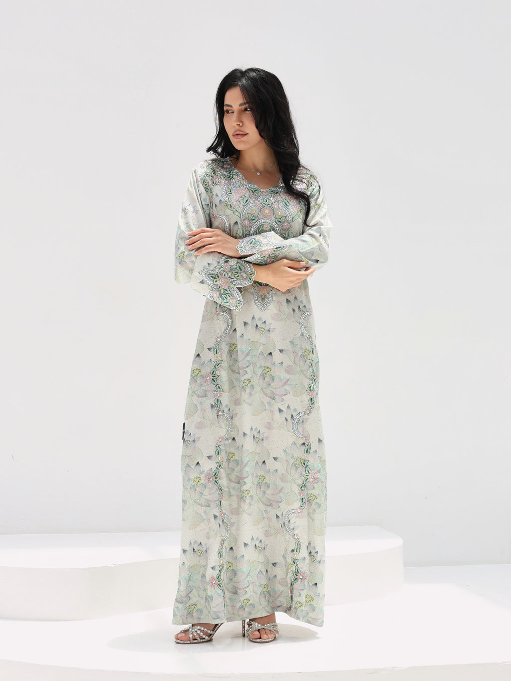 Lotus Mist Mukhawar — embroidered jacquard silk Emirati dress (5)