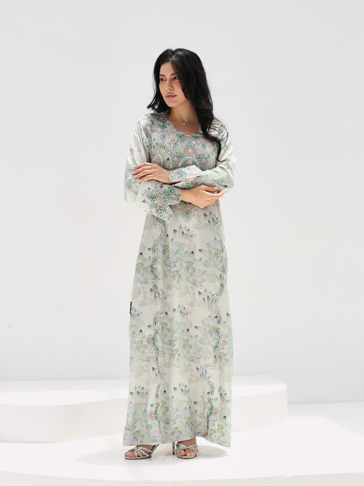 Lotus Mist Mukhawar — embroidered jacquard silk Emirati dress (5)