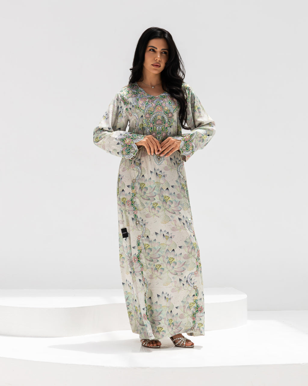Lotus Mist Mukhawar — traditional Emirati dress in jacquard silk with lotus embroidery