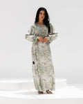 Lotus Mist Mukhawar — traditional Emirati dress in jacquard silk with lotus embroidery
