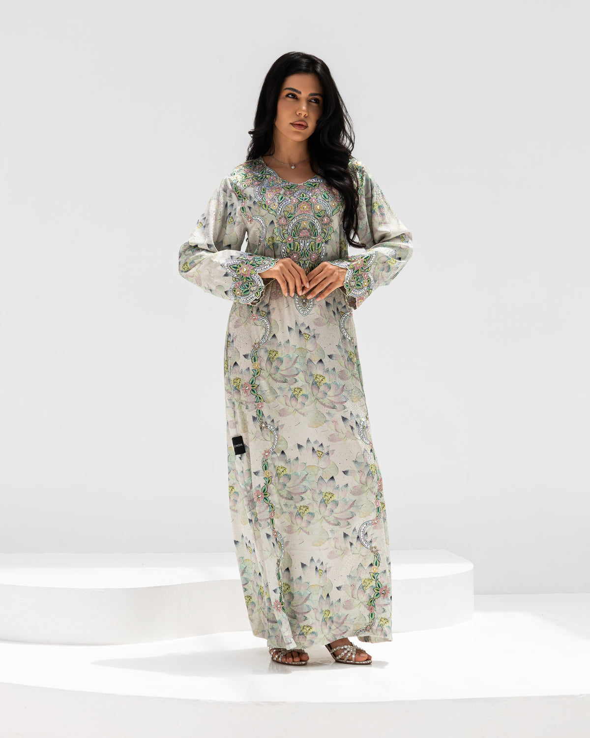 Lotus Mist Mukhawar — traditional Emirati dress in jacquard silk with lotus embroidery