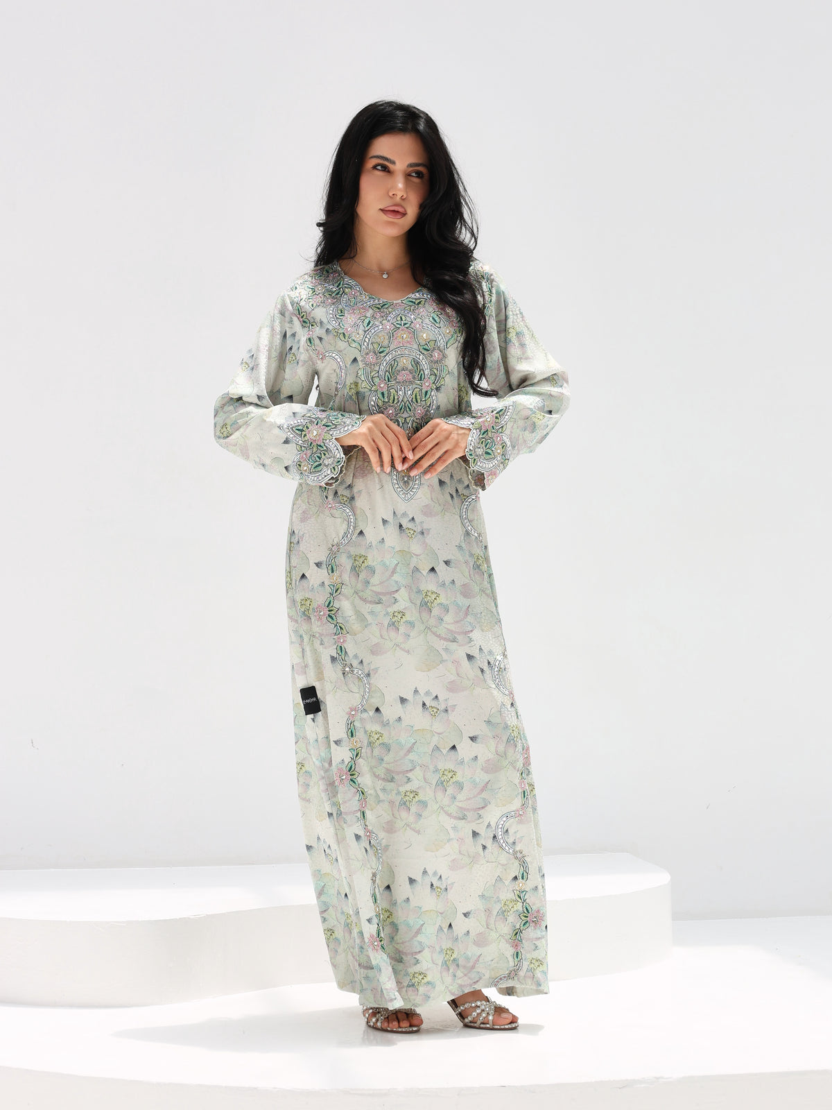 Lotus Mist Mukhawar — embroidered jacquard silk Emirati dress (46)