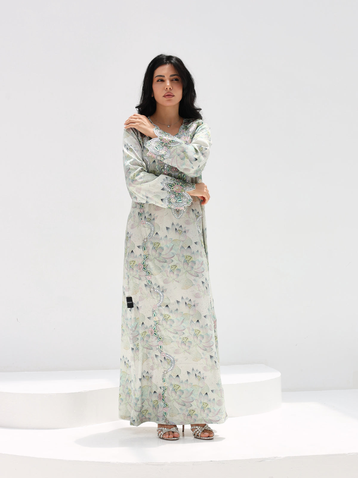 Lotus Mist Mukhawar — embroidered jacquard silk Emirati dress (6)