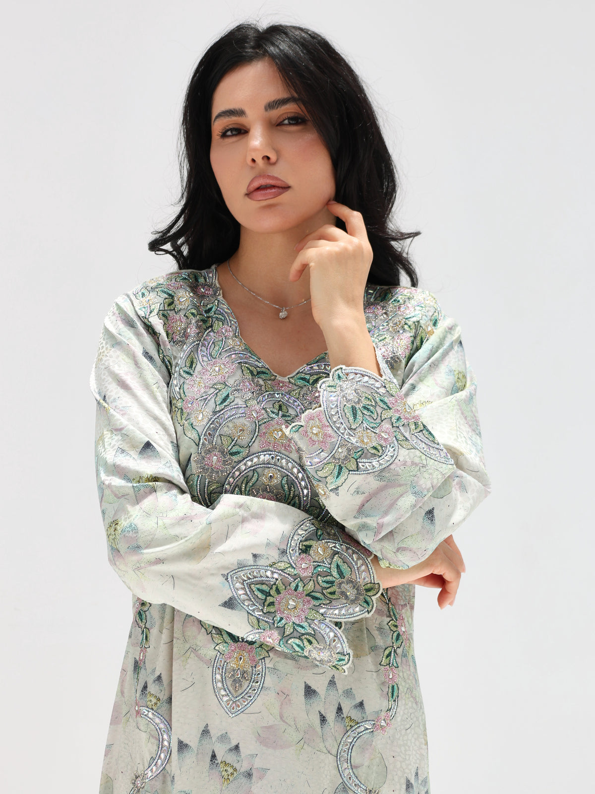 Lotus Mist Mukhawar — embroidered jacquard silk Emirati dress (8)
