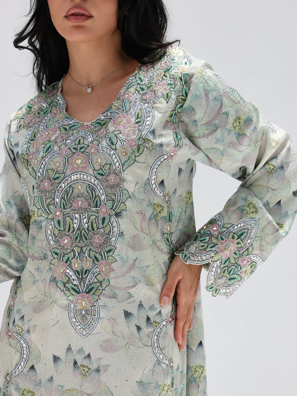 Lotus Mist Mukhawar — embroidered jacquard silk Emirati dress (10)