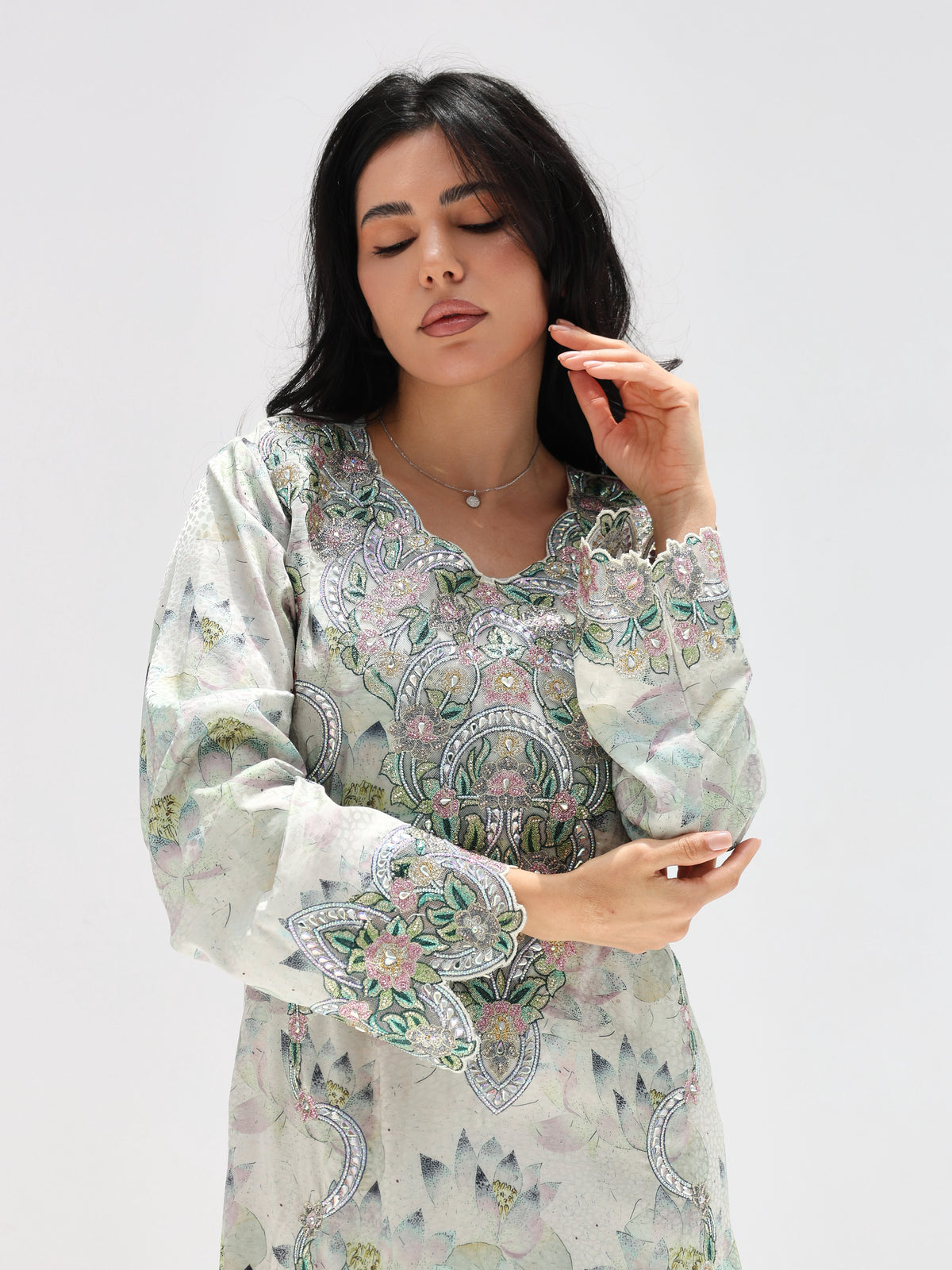 Lotus Mist Mukhawar — embroidered jacquard silk Emirati dress (35)