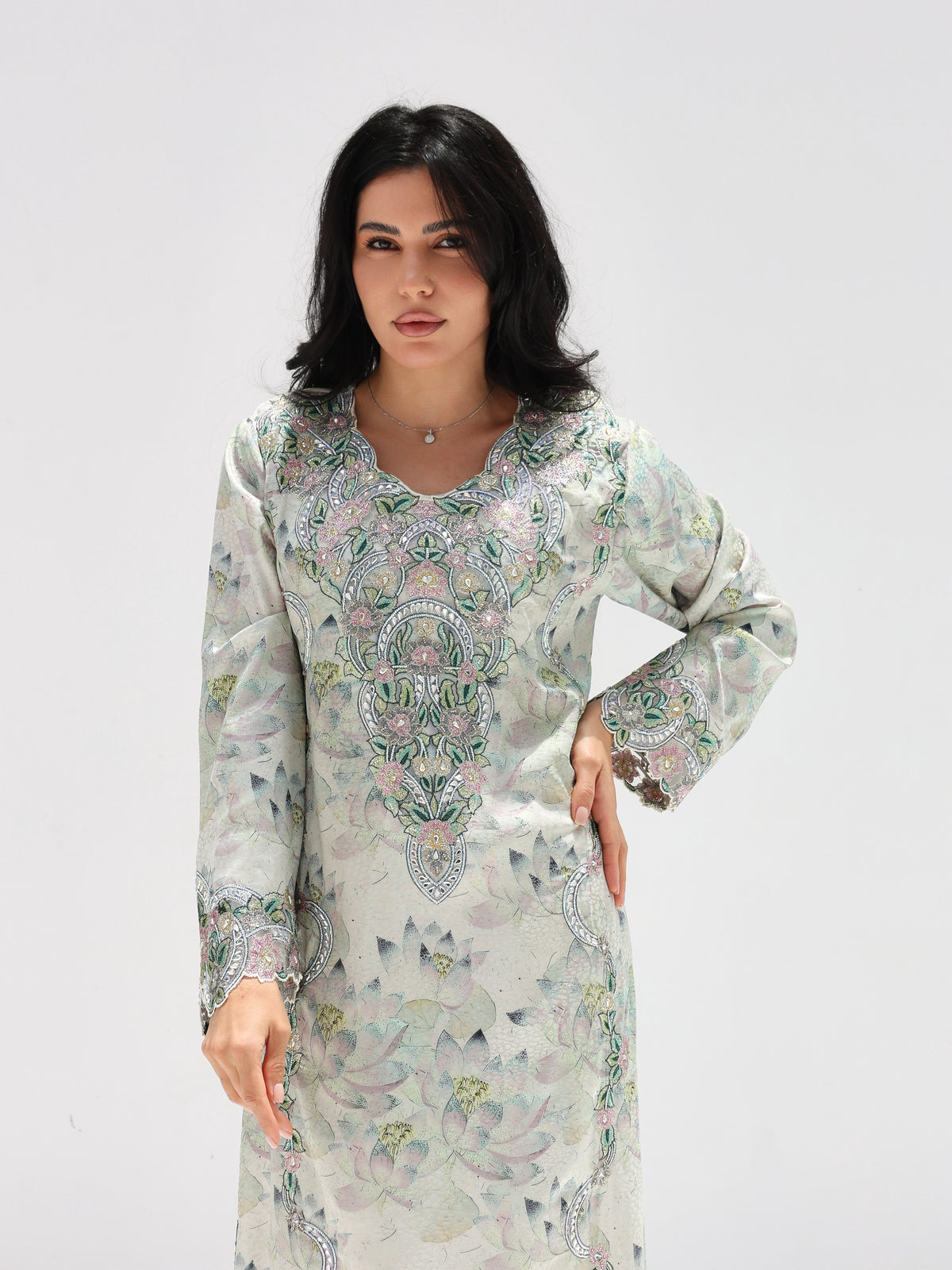 Lotus Mist Mukhawar — embroidered jacquard silk Emirati dress (33)