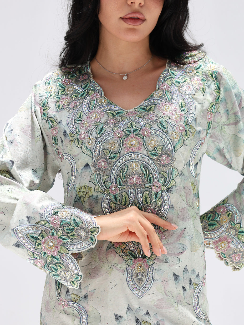 Lotus Mist Mukhawar — embroidered jacquard silk Emirati dress (15)