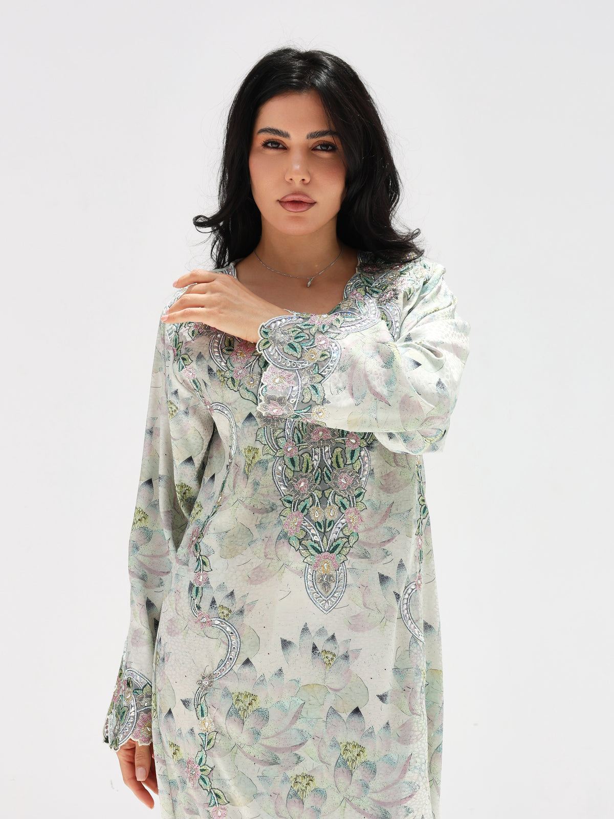 Lotus Mist Mukhawar — embroidered jacquard silk Emirati dress (16)