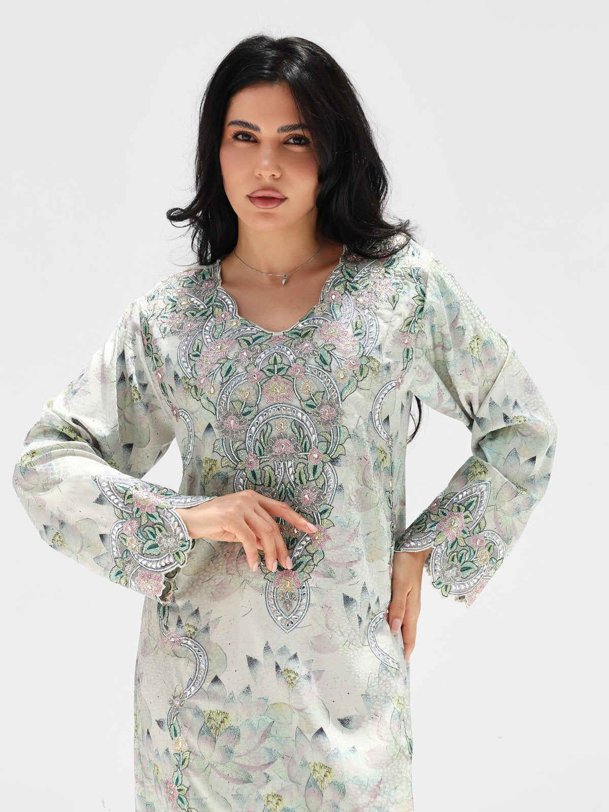 Lotus Mist Mukhawar — embroidered jacquard silk Emirati dress (19)