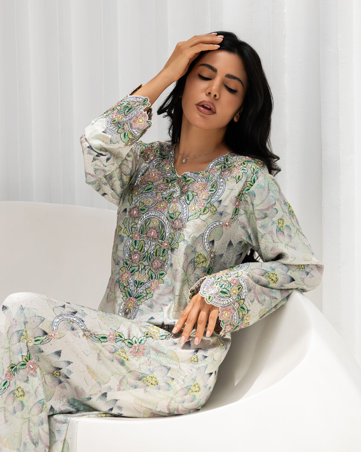 Lotus Mist Mukhawar — embroidered jacquard silk Emirati dress (4)