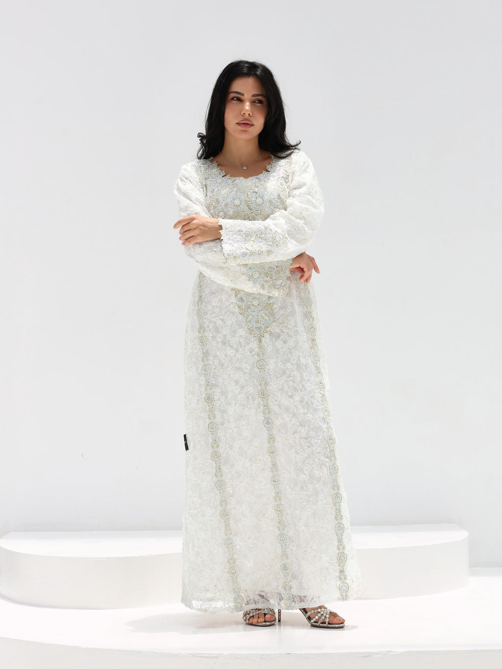 Ivory Lace Mukhawar — gold embroidered lace Emirati dress (9)