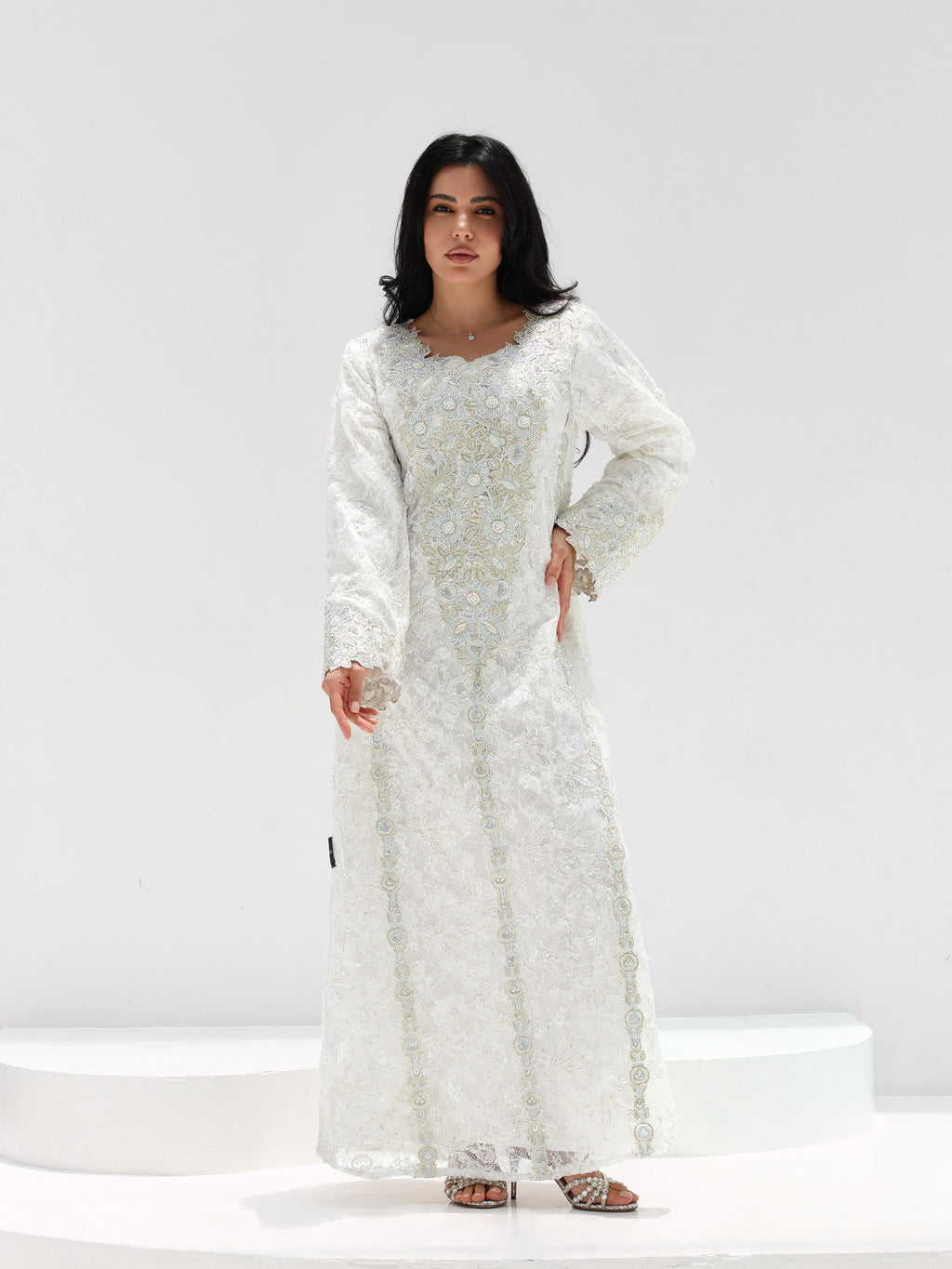 Ivory Lace Mukhawar — gold embroidered lace Emirati dress (10)