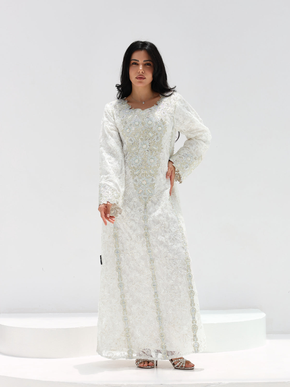 Ivory Lace Mukhawar — gold embroidered lace Emirati dress (10)